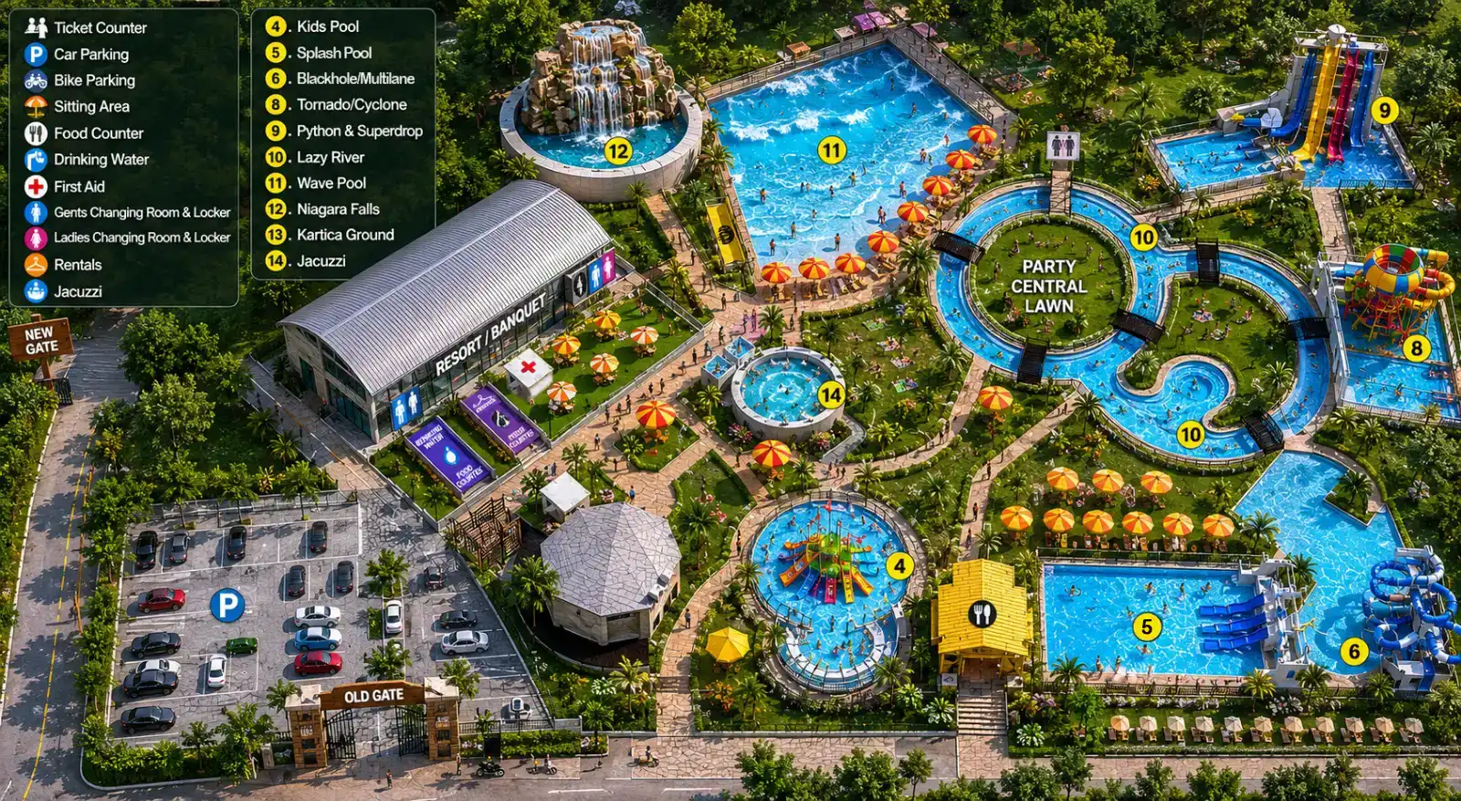 Aquatica Water Park Kolkata — full park map with all 14 rides and facilities